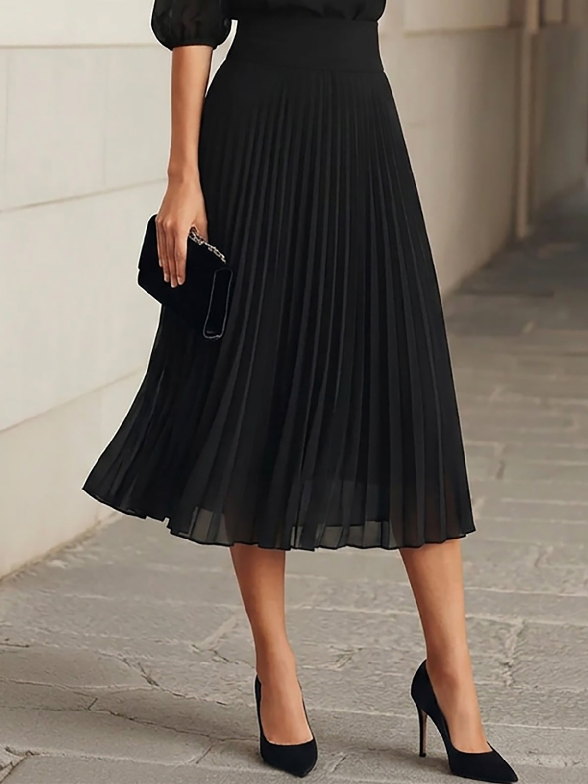 Zwart Chiffon Top En Plissé Midi Rok Drie Delige Set
