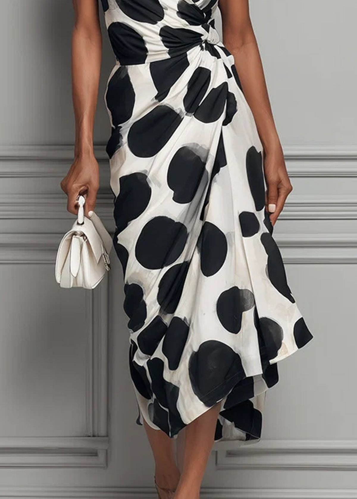 Zwarte Vlek Print V-Hals Midi Jurk met Gecinchde Taille