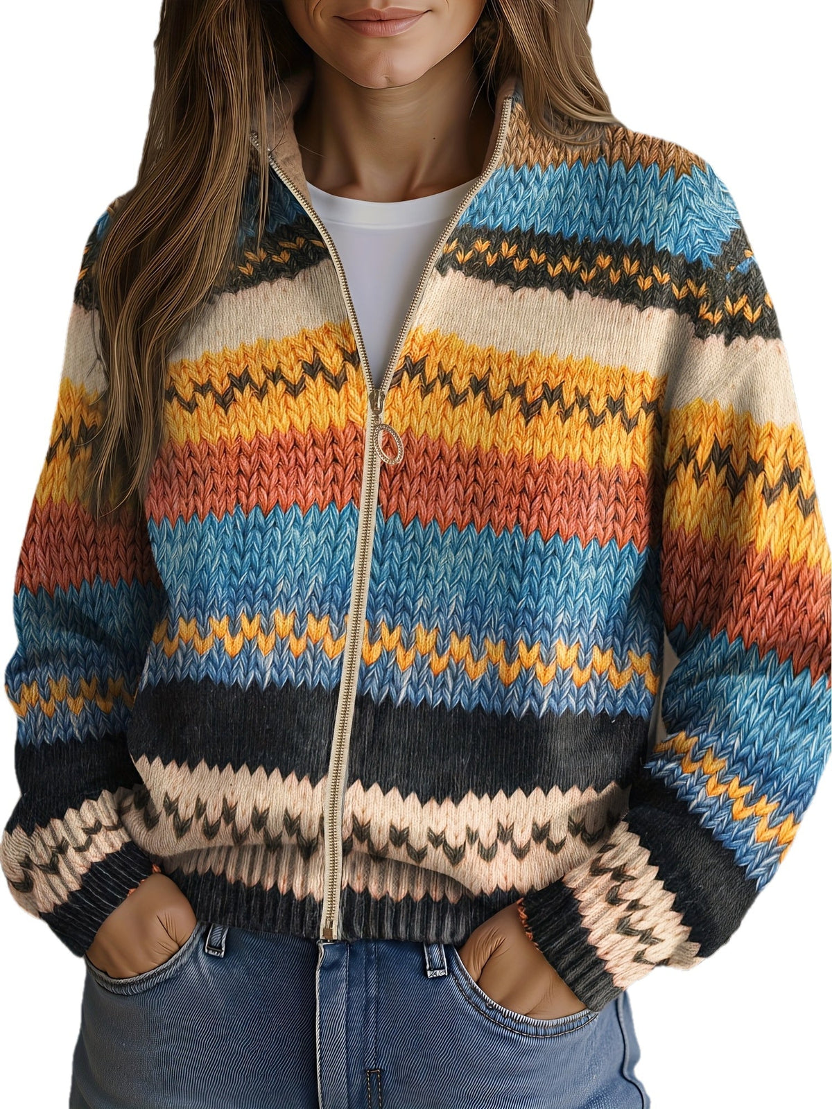 Yseult™ | Multicolor Zigzag Gestreepte Gebreide Cardigan