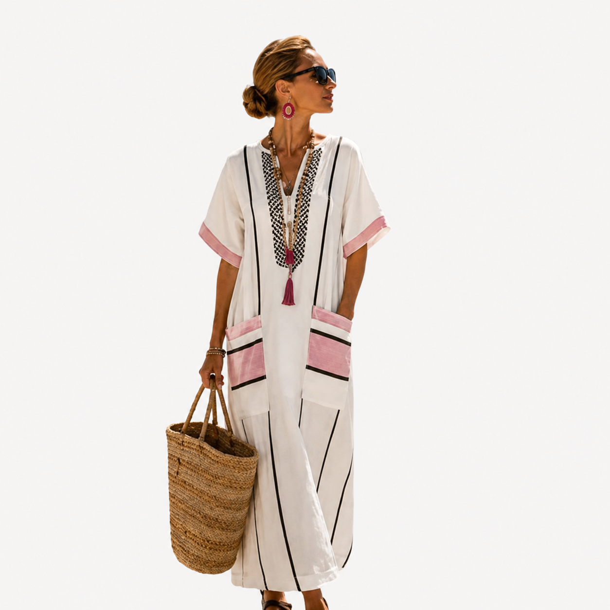 Lange Kaftan - Wit met roze en zwarte accenten