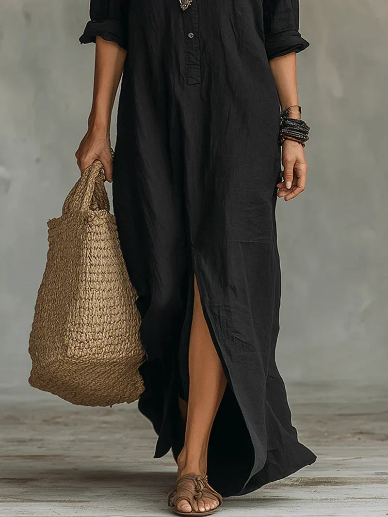 Céline™ | Maxi Zwarte Jurk met Knopen