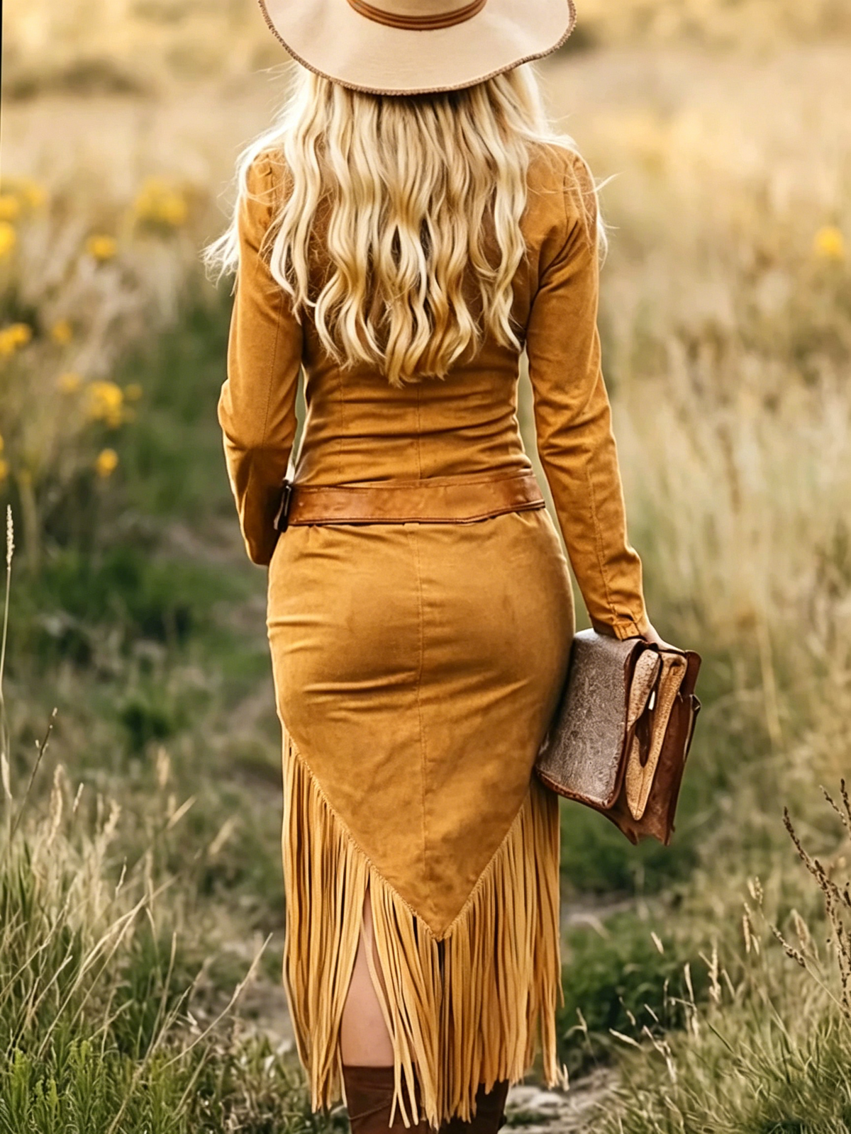 Vintage Western Kraag Rits Kwast Midi Jurk (Zonder riem)