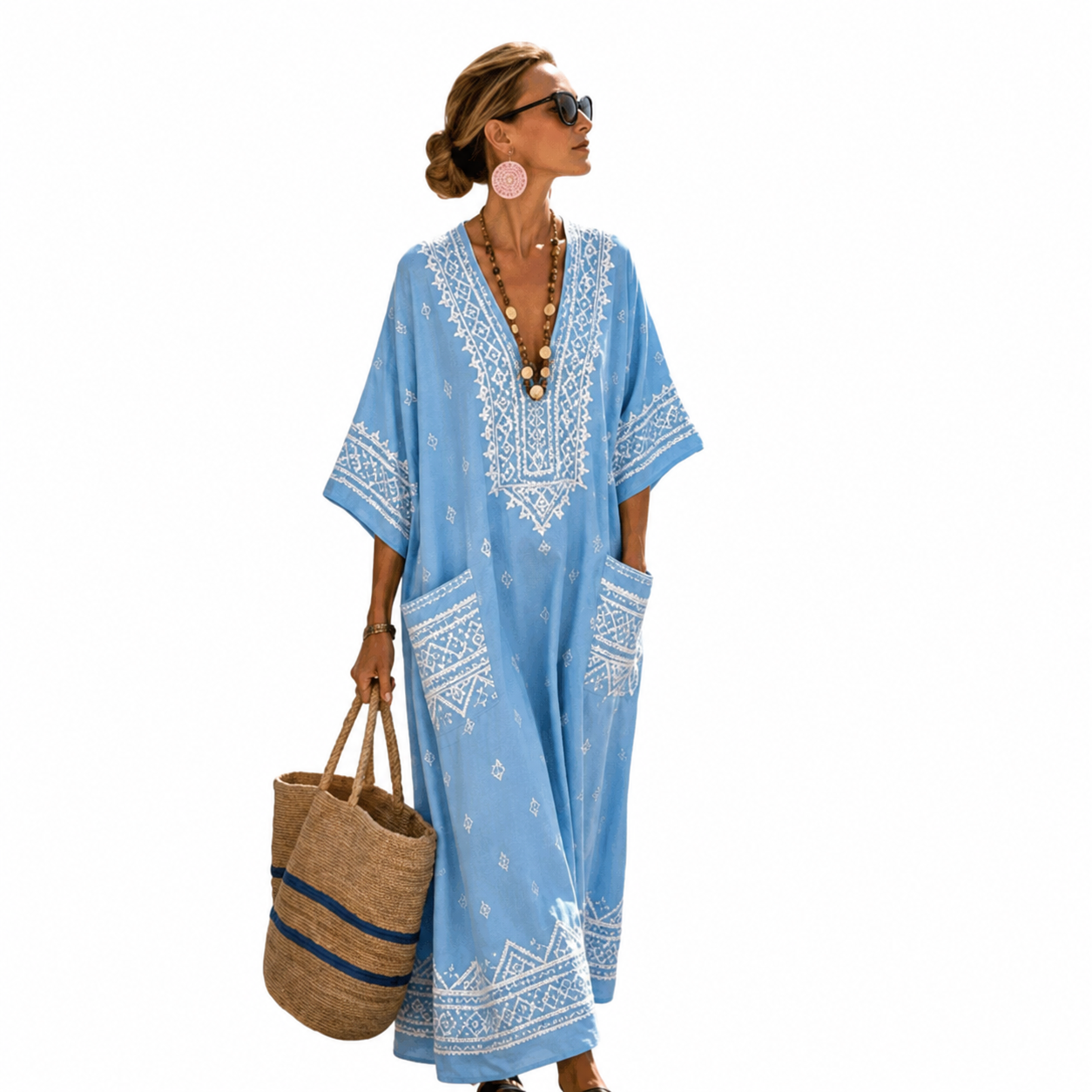 Lange Kaftan - Lichtblauw met witte accenten