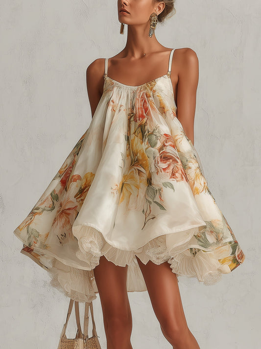 Blanche | Mini A-lijn Jurk in Beige Organza met Kantafwerking