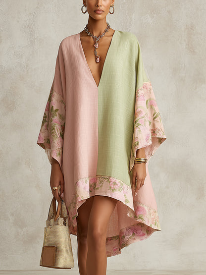 Groene en Roze Kleur-Block Bloem-Trim Midi Jurk