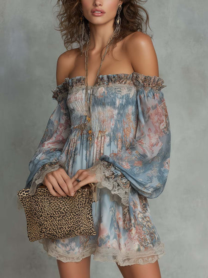 Romane | Mini Jurk van Geplooide Mousseline met Off-Shoulder en Romantische Bloemen
