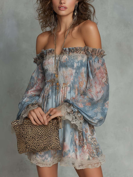 Romane | Mini Jurk van Geplooide Mousseline met Off-Shoulder en Romantische Bloemen