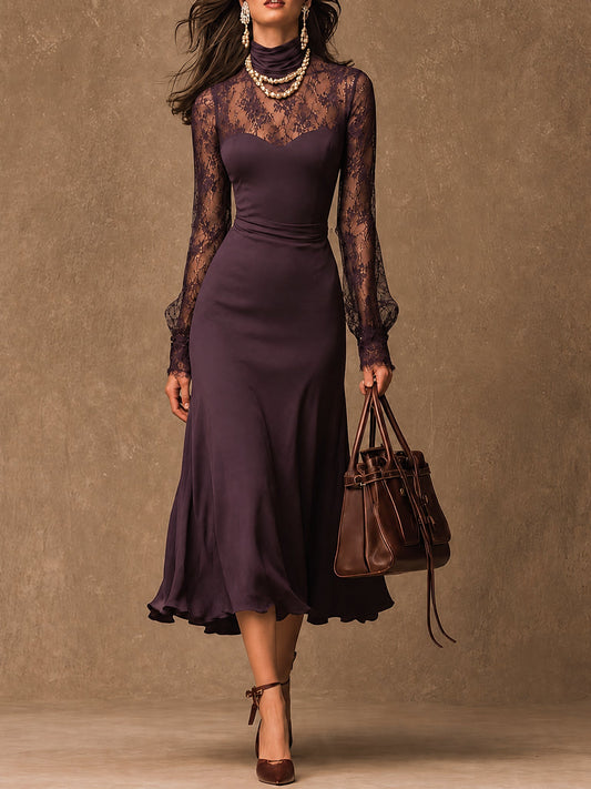 Elegante Paarse Matte Satijnen Kanten Lange Mouw Bodycon Midi Jurk
