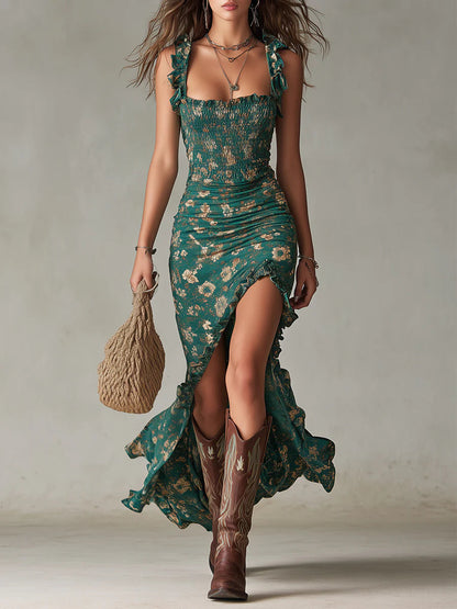 Bohemian Groene Geprinte Maxi-jurk met Rimpel Mouwen