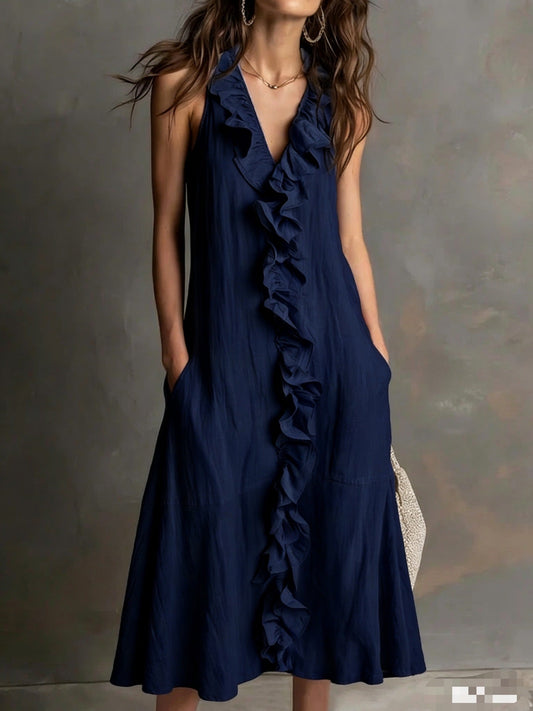 Dames Effen Kleur Mouwloze V-Hals Flared Ruffle Jurk