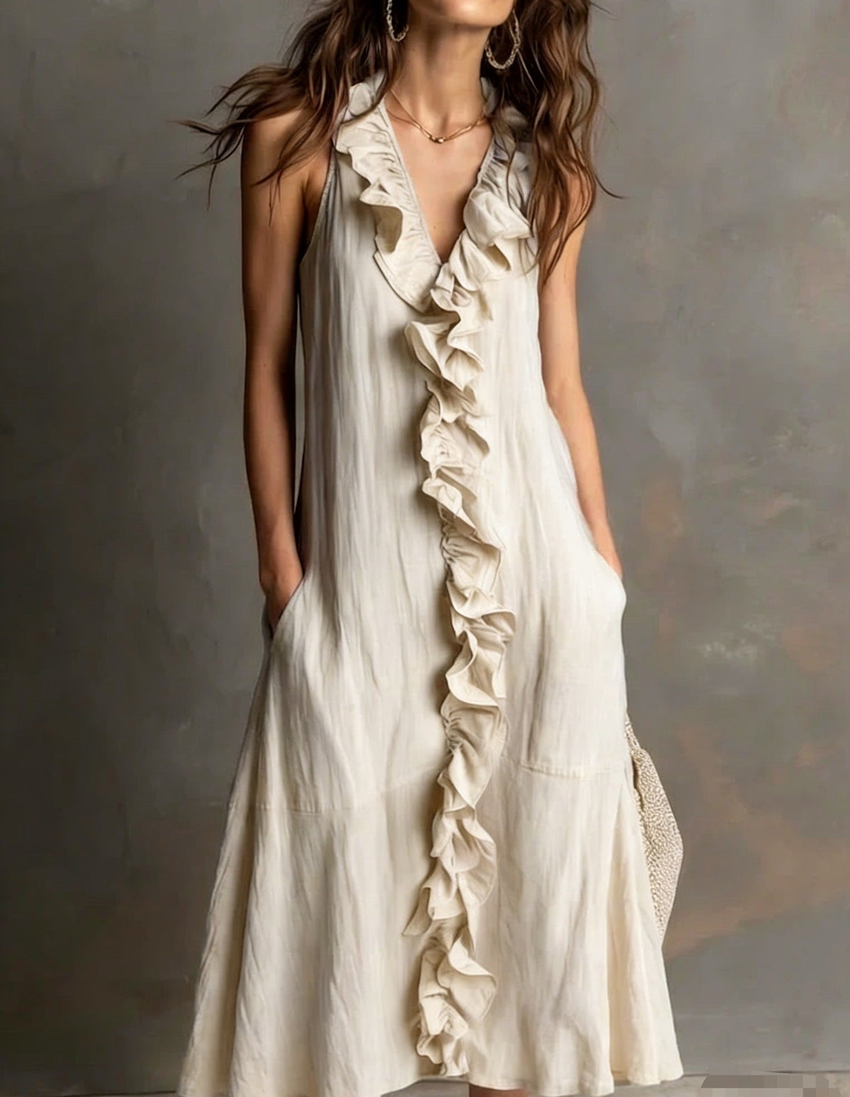 Dames Effen Kleur Mouwloze V-Hals Flared Ruffle Jurk