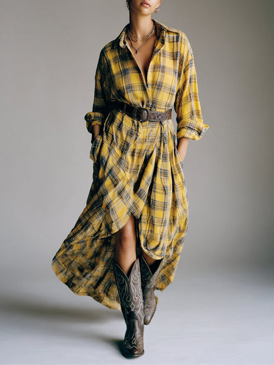 Casual losse retro geruite shirtjurk met riem