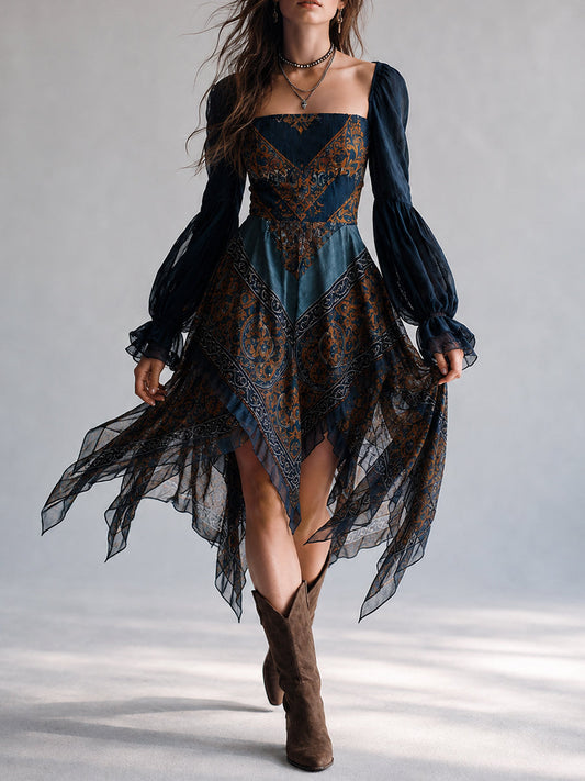 Marineblauwe Boheemse Paisley Print Zakdoek Hem Jurk