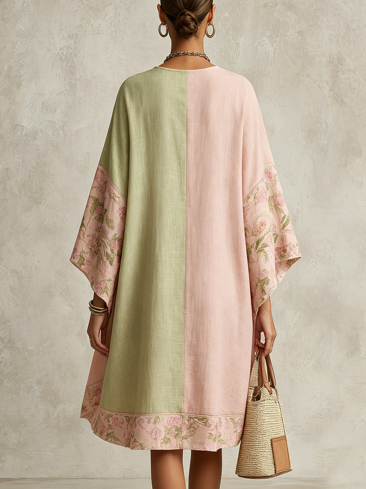 Groene en Roze Kleur-Block Bloem-Trim Midi Jurk