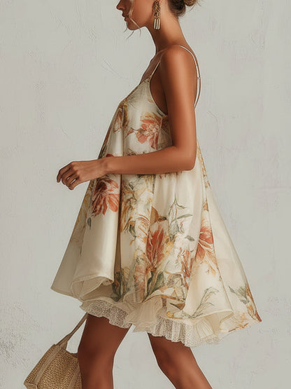 Blanche | Mini A-lijn Jurk in Beige Organza met Kantafwerking