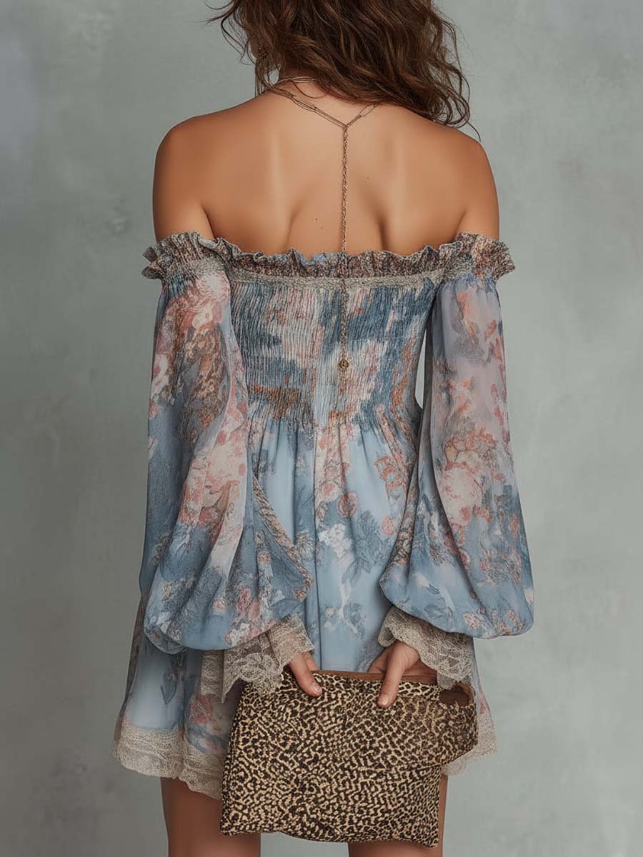 Romane | Mini Jurk van Geplooide Mousseline met Off-Shoulder en Romantische Bloemen