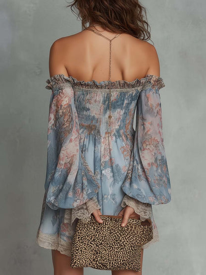 Romane | Mini Jurk van Geplooide Mousseline met Off-Shoulder en Romantische Bloemen