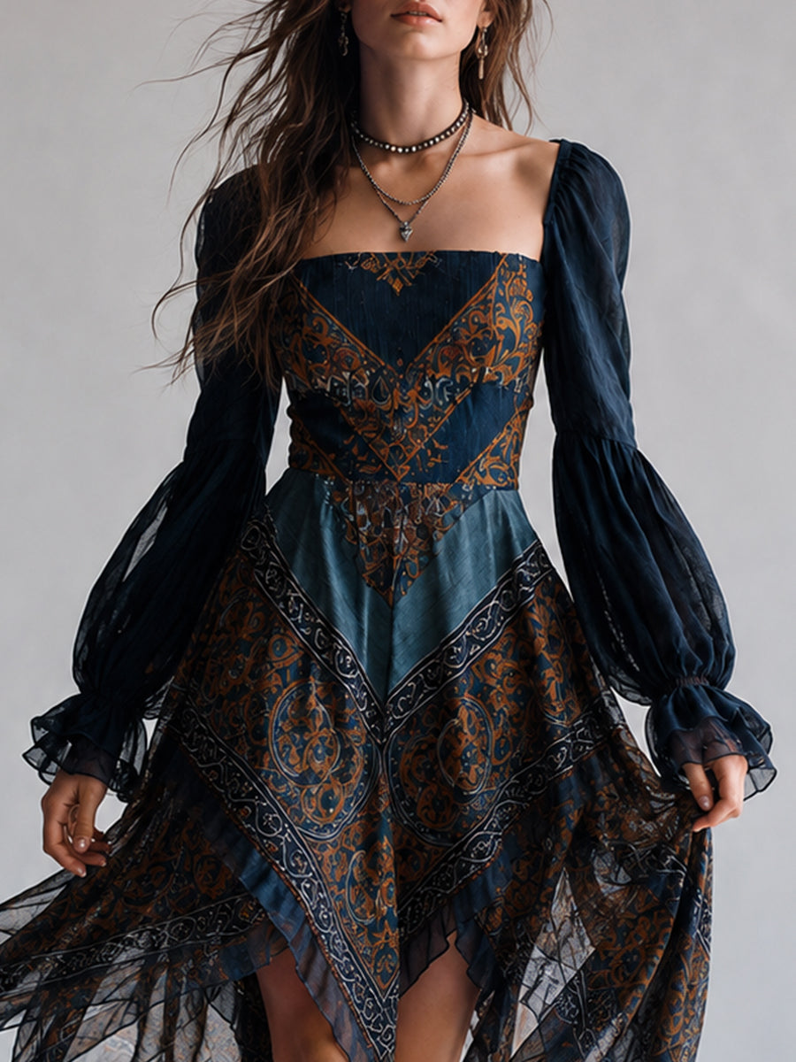 Marineblauwe Boheemse Paisley Print Zakdoek Hem Jurk