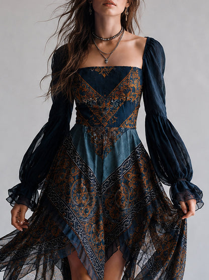 Marineblauwe Boheemse Paisley Print Zakdoek Hem Jurk