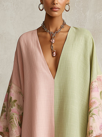Groene en Roze Kleur-Block Bloem-Trim Midi Jurk