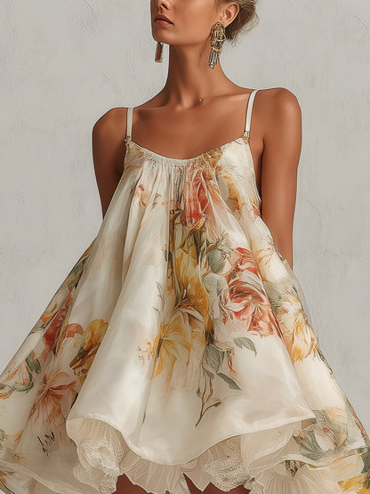Blanche | Mini A-lijn Jurk in Beige Organza met Kantafwerking