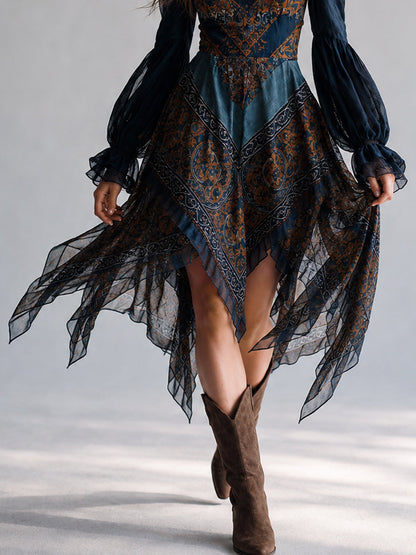 Marineblauwe Boheemse Paisley Print Zakdoek Hem Jurk