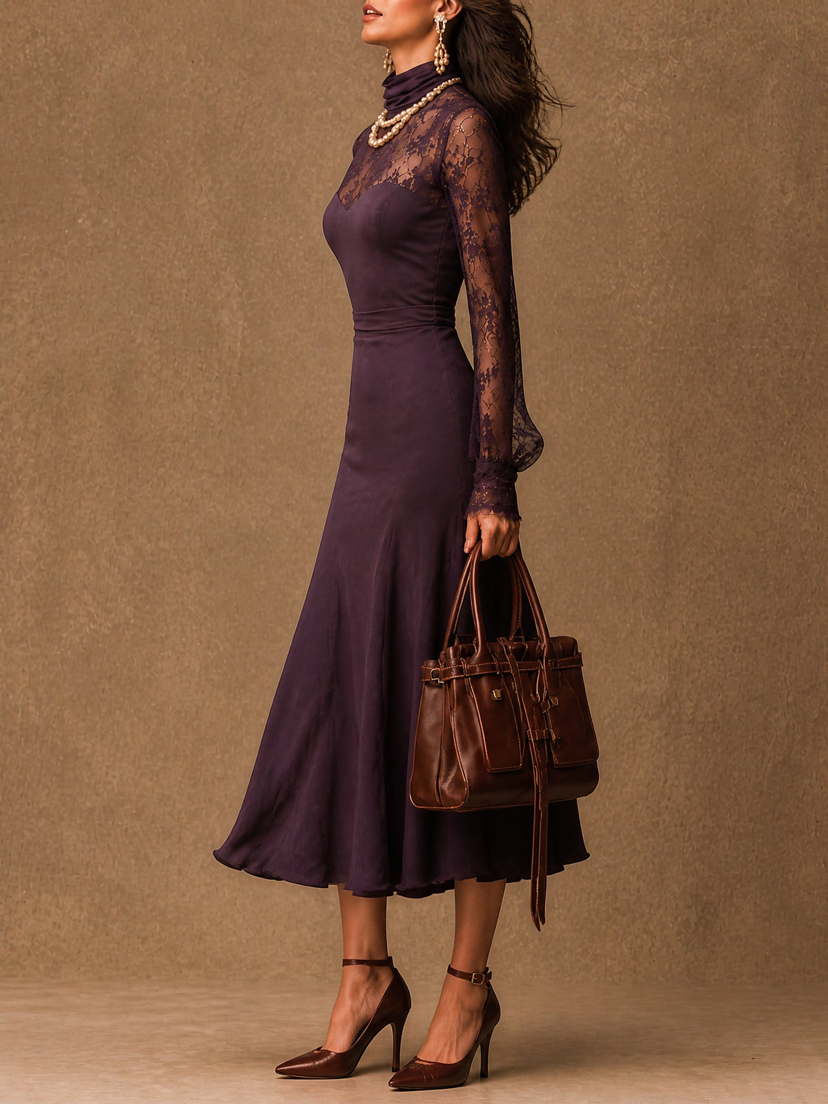 Elegante Paarse Matte Satijnen Kanten Lange Mouw Bodycon Midi Jurk
