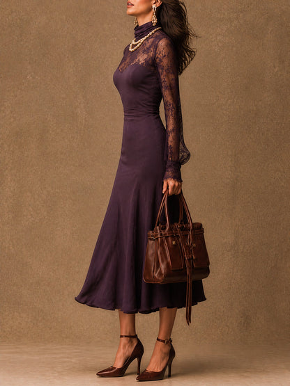 Elegante Paarse Matte Satijnen Kanten Lange Mouw Bodycon Midi Jurk
