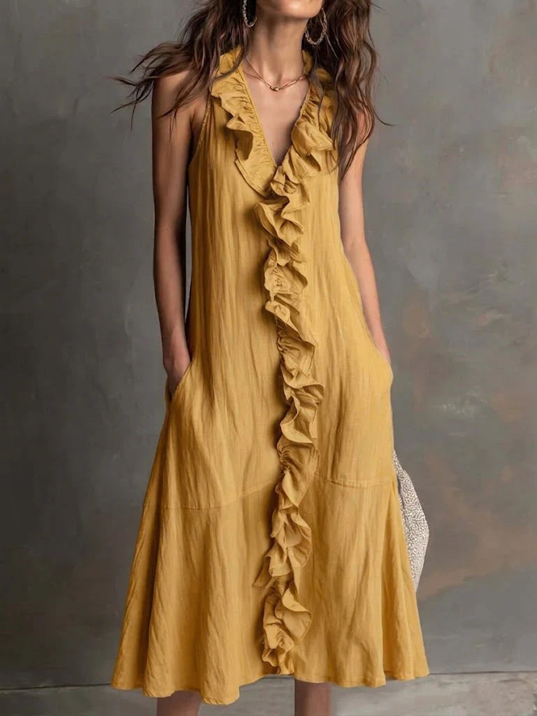 Dames Effen Kleur Mouwloze V-Hals Flared Ruffle Jurk