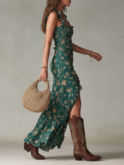 Bohemian Groene Geprinte Maxi-jurk met Rimpel Mouwen