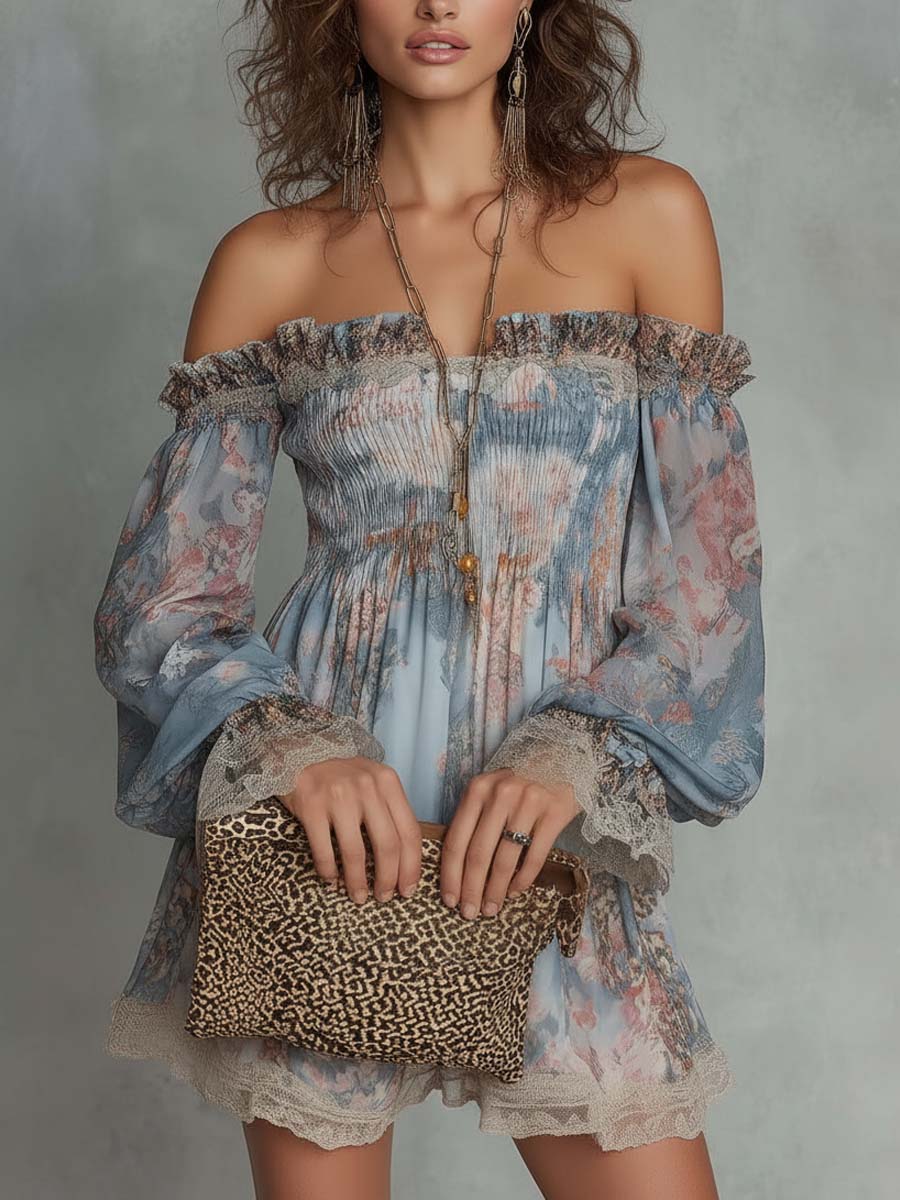 Romane | Mini Jurk van Geplooide Mousseline met Off-Shoulder en Romantische Bloemen
