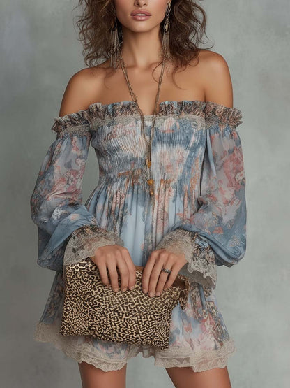 Romane | Mini Jurk van Geplooide Mousseline met Off-Shoulder en Romantische Bloemen