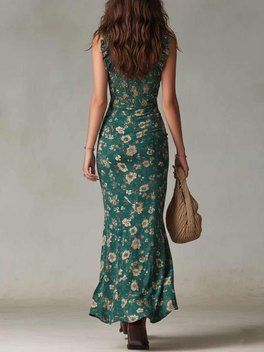 Bohemian Groene Geprinte Maxi-jurk met Rimpel Mouwen