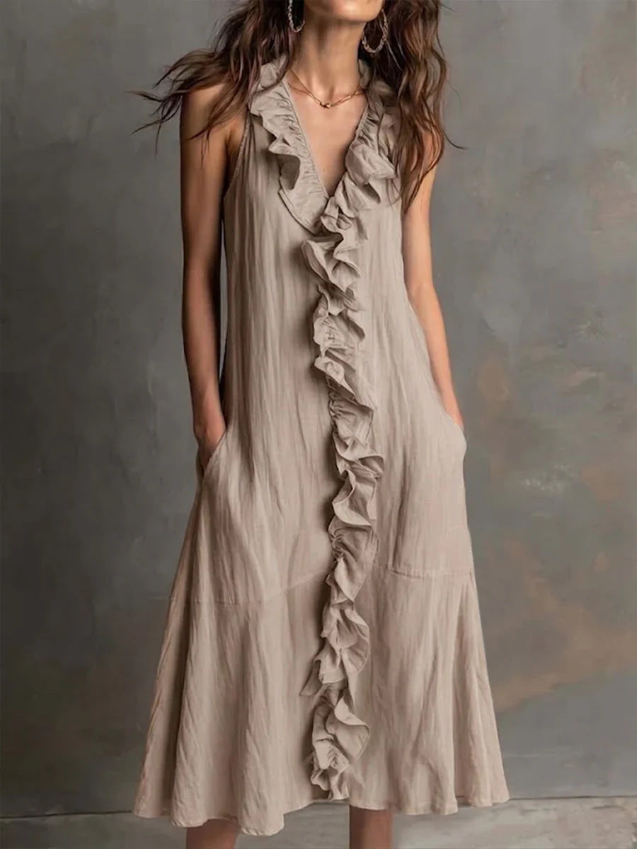 Dames Effen Kleur Mouwloze V-Hals Flared Ruffle Jurk