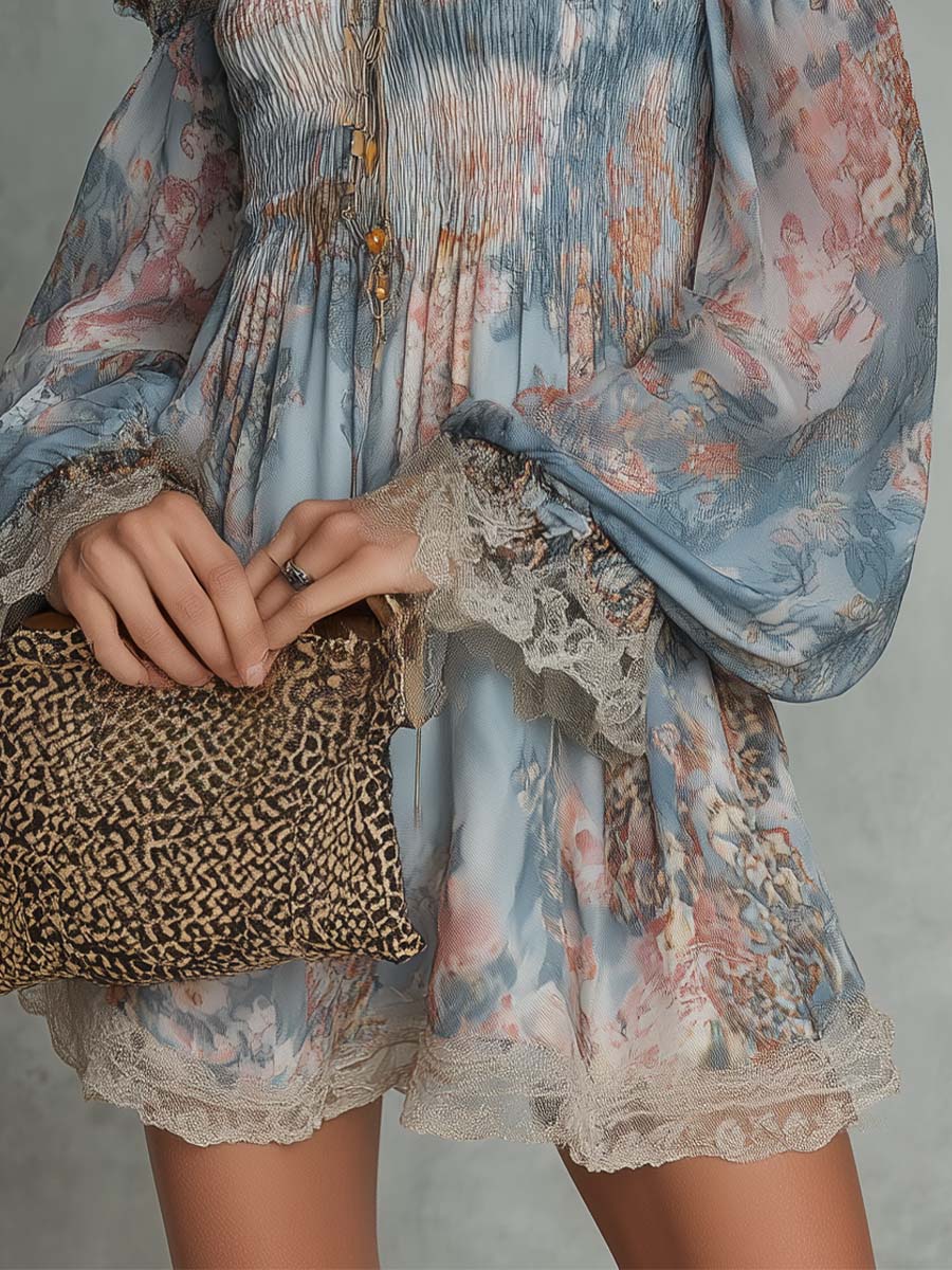 Romane | Mini Jurk van Geplooide Mousseline met Off-Shoulder en Romantische Bloemen