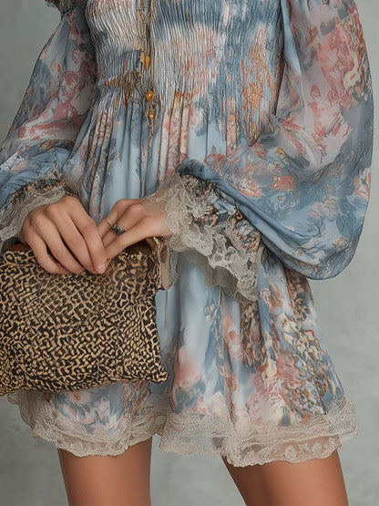 Romane | Mini Jurk van Geplooide Mousseline met Off-Shoulder en Romantische Bloemen