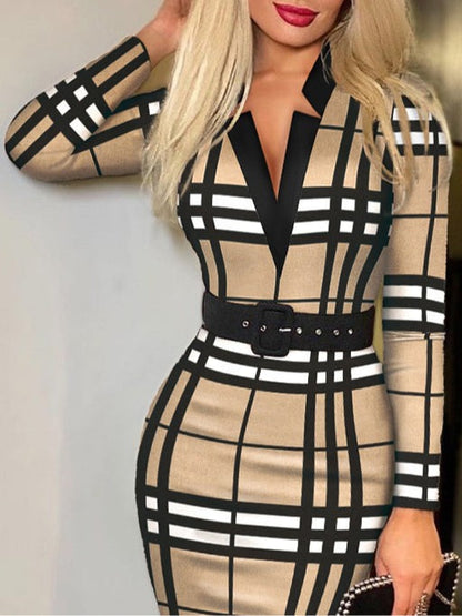 Stijlvolle geruite V-hals bodycon jurk met lange mouwen (Inclusief riem)