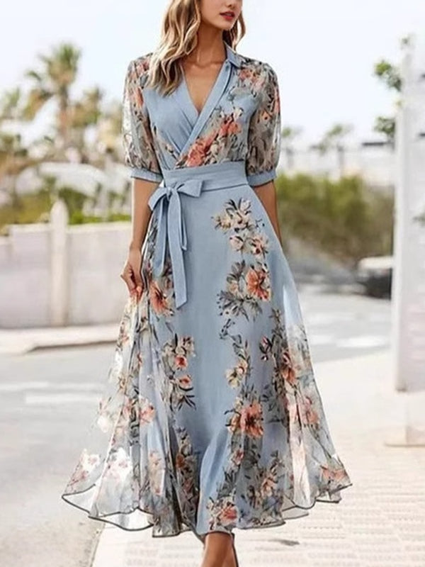Bloemenprint V-hals Korte Mouw Strik Taille Midi Jurk