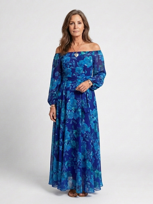 Aspen | Maxi Jurk met Ontblote Schouders en Bloemen