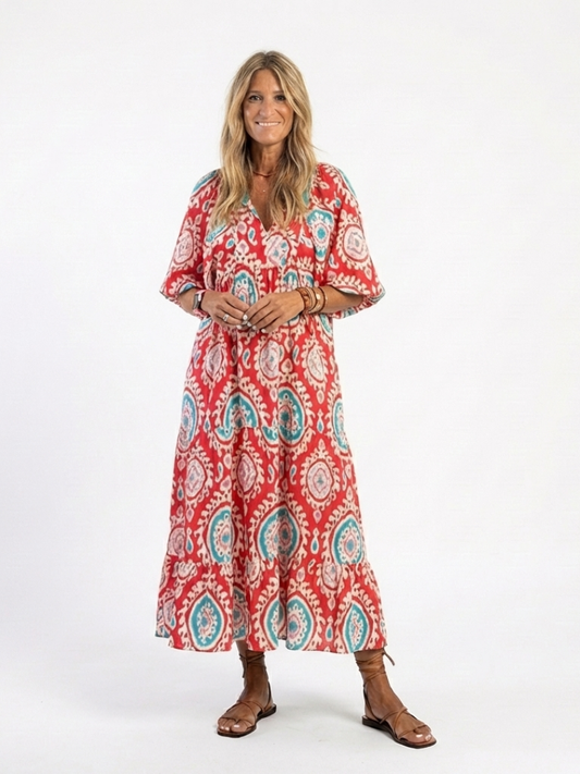 Zaria | Midi-jurk met paisleyprint en V-hals met korte mouwen