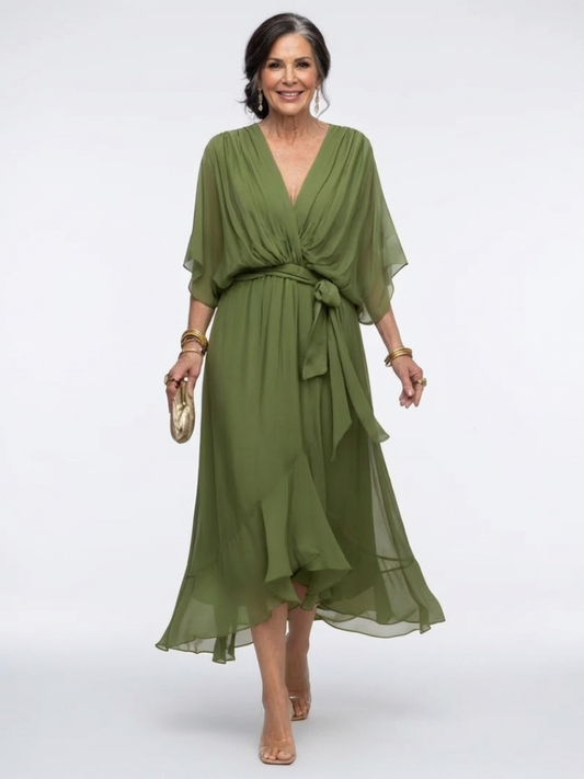 Elysia | Midi jurk met draping, V-hals en tailleband