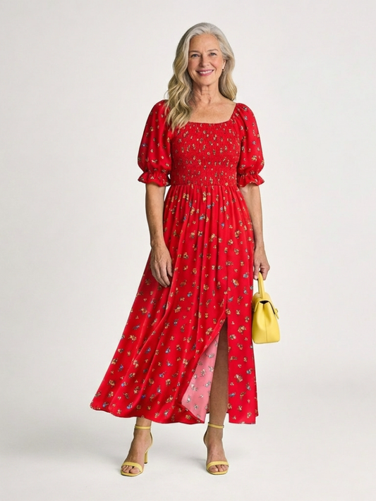 Delphine | Midi-jurk met vierkante halslijn en bloemenpatroon