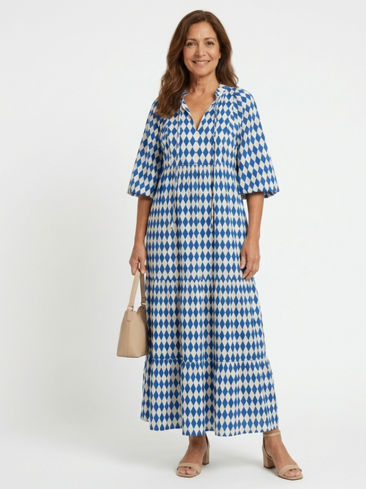 Elodie | Jurk met diamanten patroon en volantrok