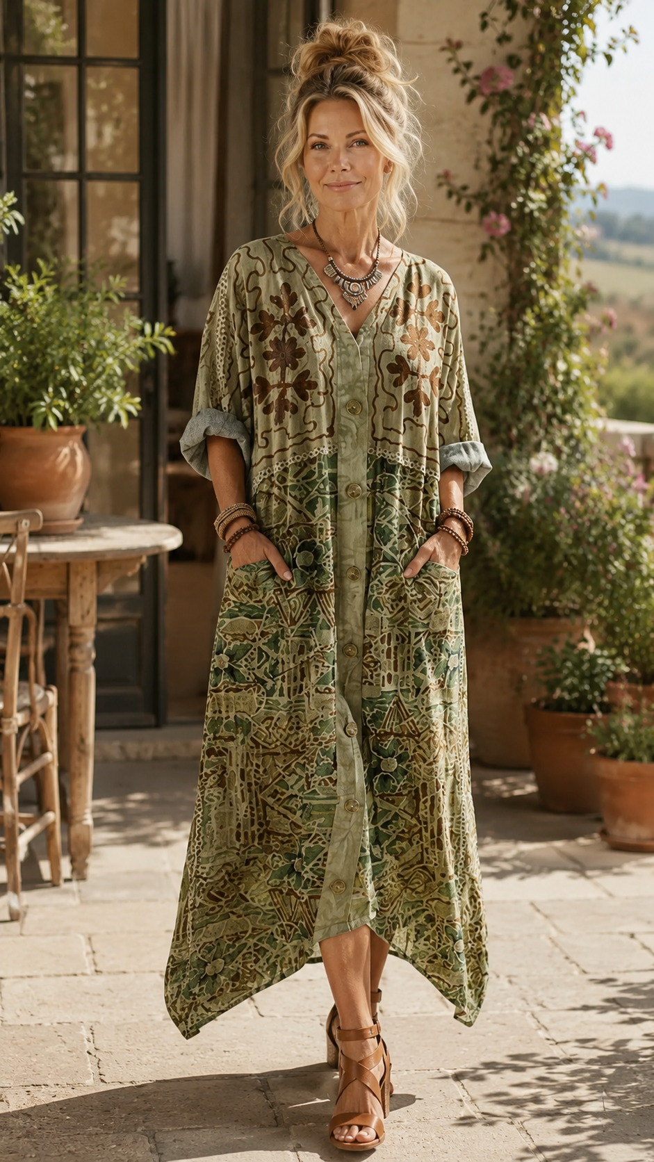 Aleta | Knop Voorkant Oversized Pocket Midi Jurk