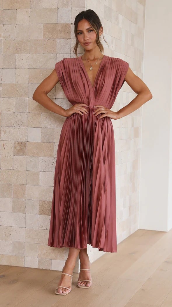 Elegante Satijnen Geplooide V-hals Vloeiende Midi Jurk