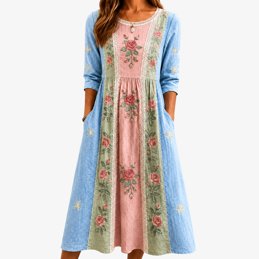 Vintage Rozen Tuin Patchwork Pocket Jurk