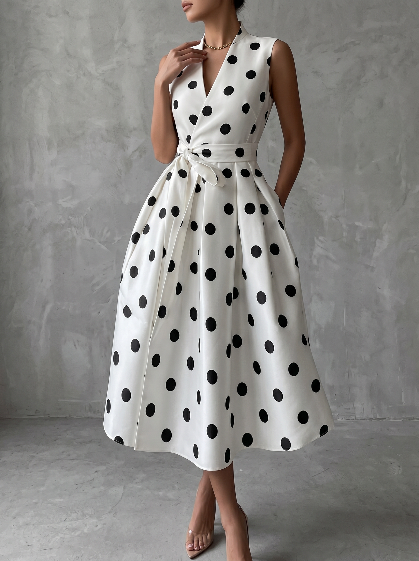 Zwart-witte klassieke polka dot Franse mouwloze midi-jurk