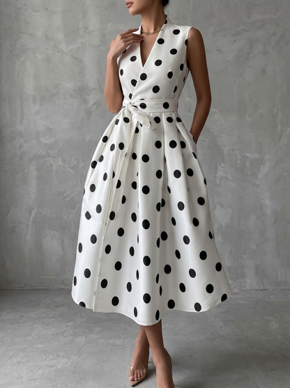 Zwart-witte klassieke polka dot Franse mouwloze midi-jurk