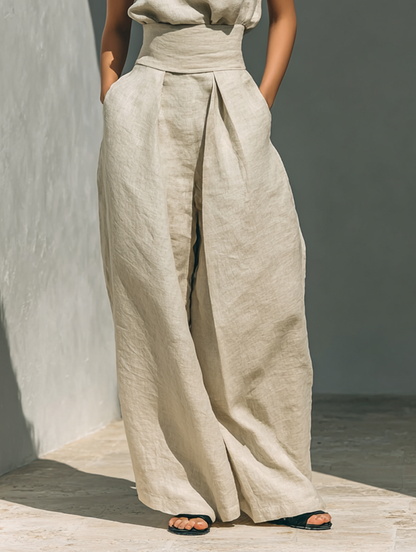 Marieta | Minimalistische set van mouwloze blouse en wijde broek