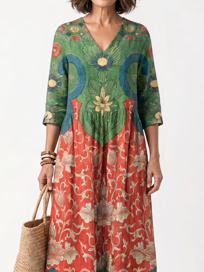 Sloane | Gemengd Print V-Hals Pocket Midi Jurk